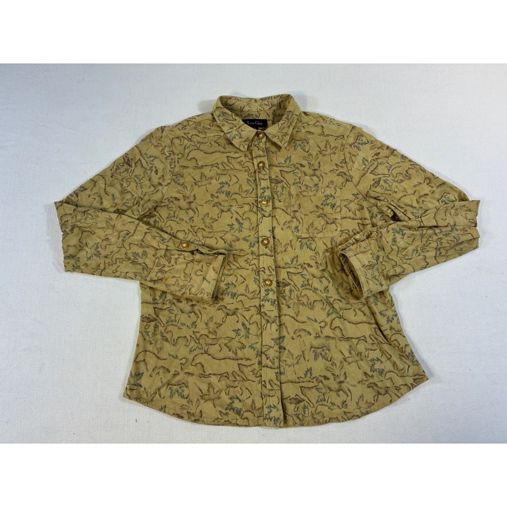 Vintage True Grit Mens Large Tan Horse Print Faux Suede Button Down Shirt L
